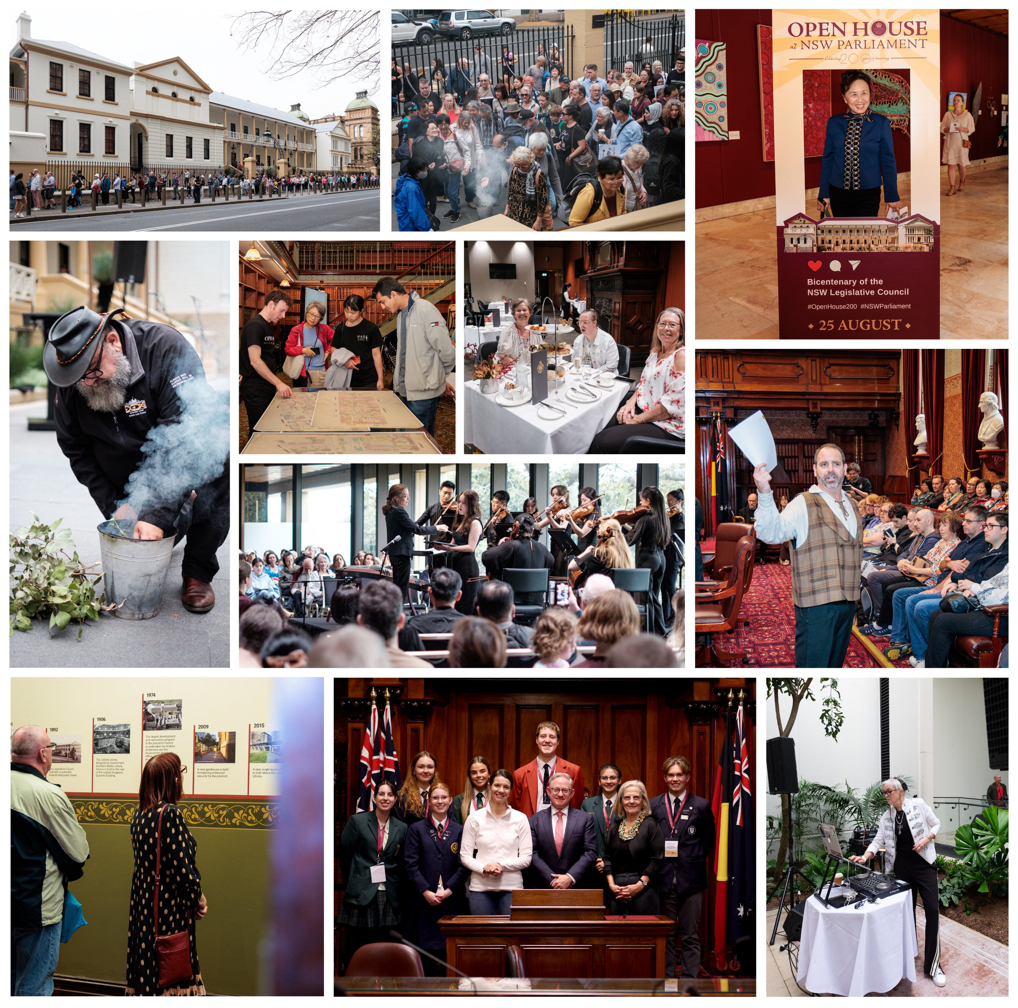 A collage of photos taken at Open House including Smoking Ceremony, guests exploring, live performances and more.