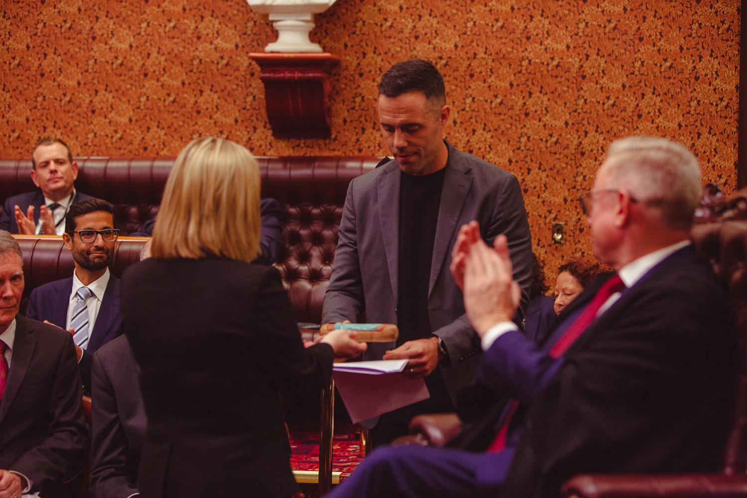 The Message Stick is presented by Mr Ray Ingrey to the Usher of the Black Rod.JPG